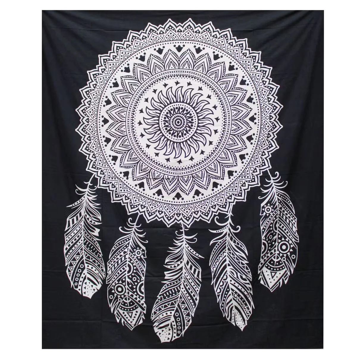Black and white dreamcatcher bedspread with matching wall hanging, soft double cotton.
