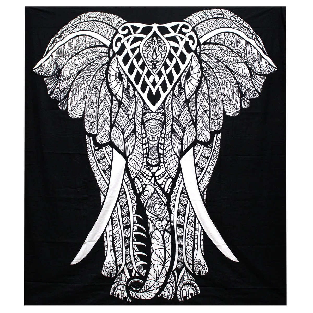Black and white double cotton bedspread with elephant‑themed wall hanging.