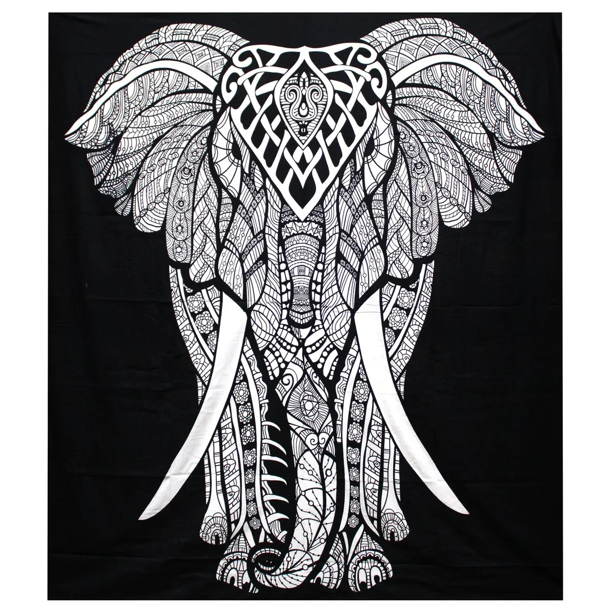 Black and white double cotton bedspread with elephant pattern, paired with an elephant wall hanging.