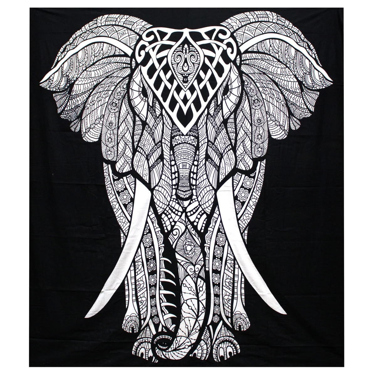 Black and white double cotton bedspread with an accompanying elephant wall hanging.