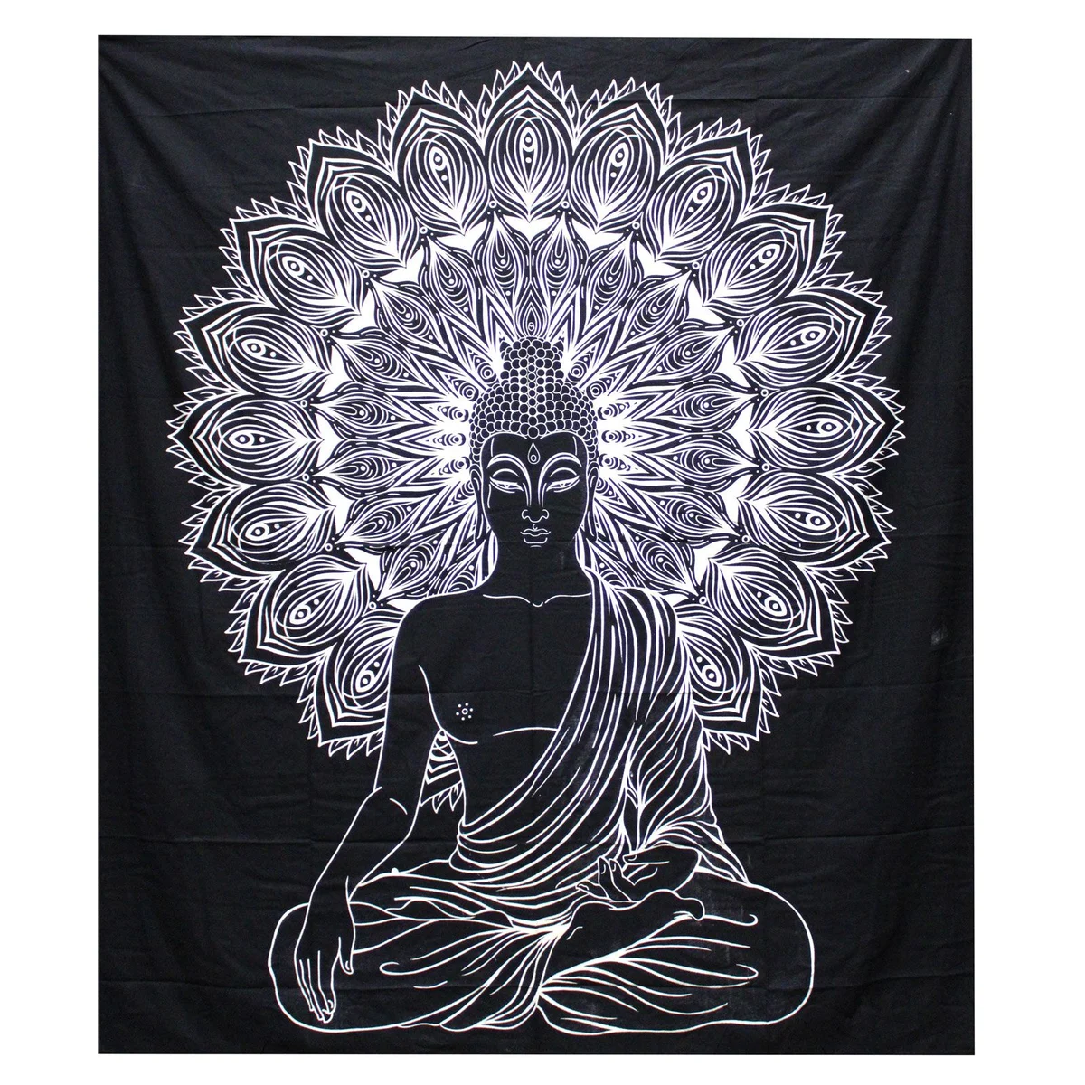 Black and white cotton bedspread with Buddha motif paired with matching wall hanging