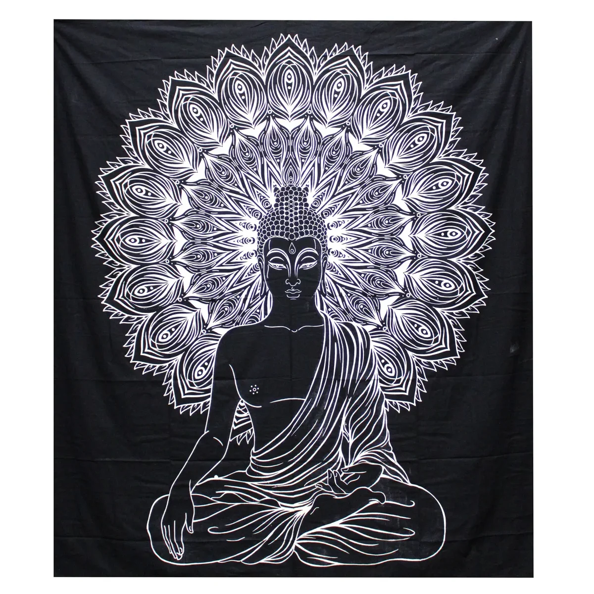 Black and white Buddha design double bedspread made of cotton with matching wall hanging