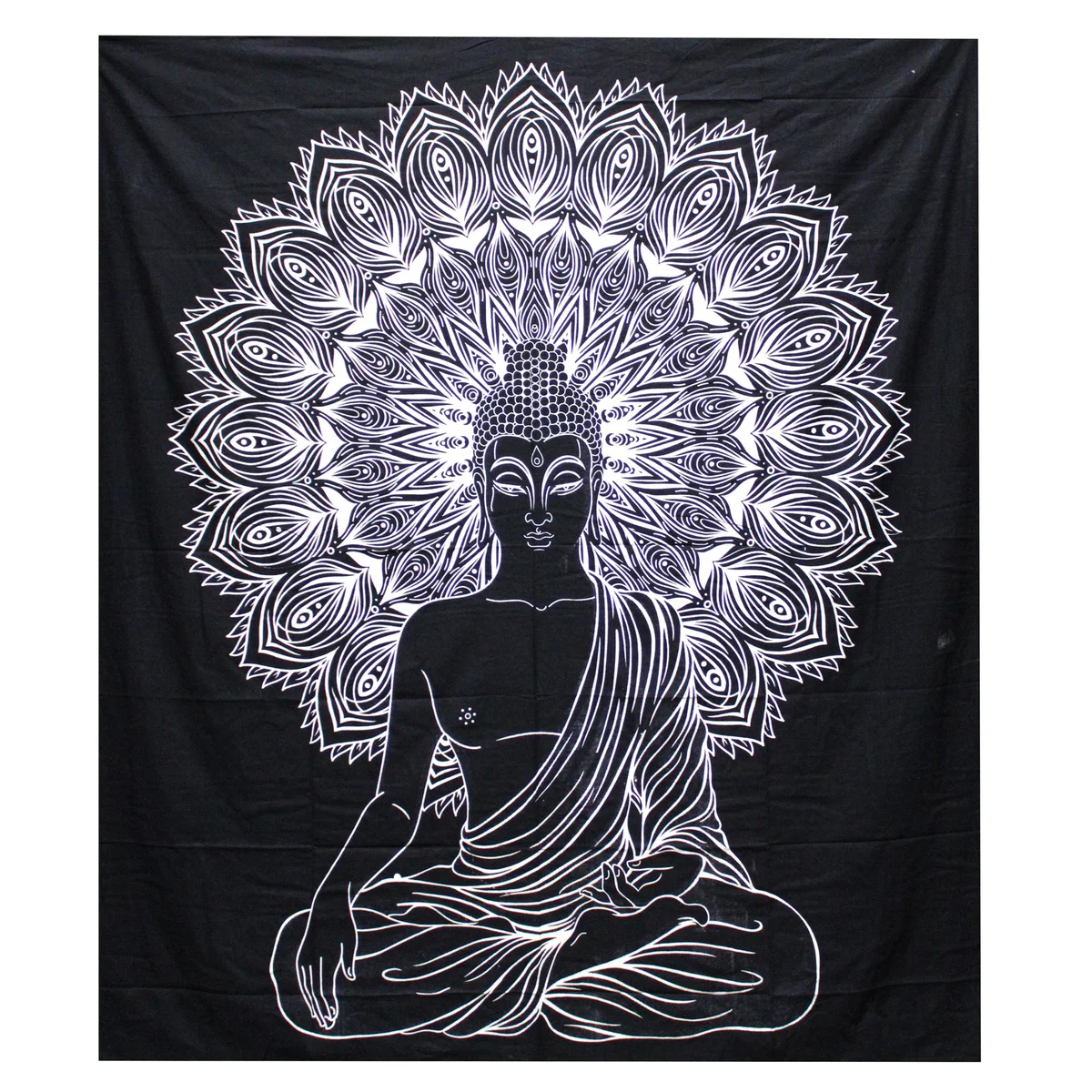 Black and white double cotton bedspread and Buddha wall hanging displayed together on a neutral background.