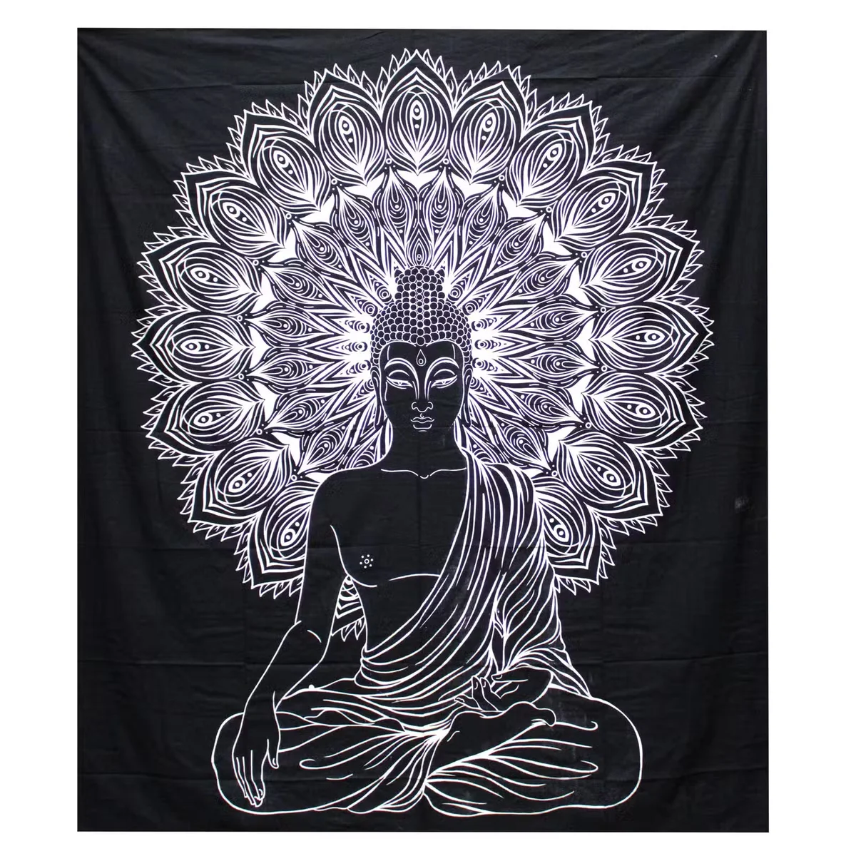 B&W double cotton bedspread with matching Buddha wall hanging displayed in a bedroom setting