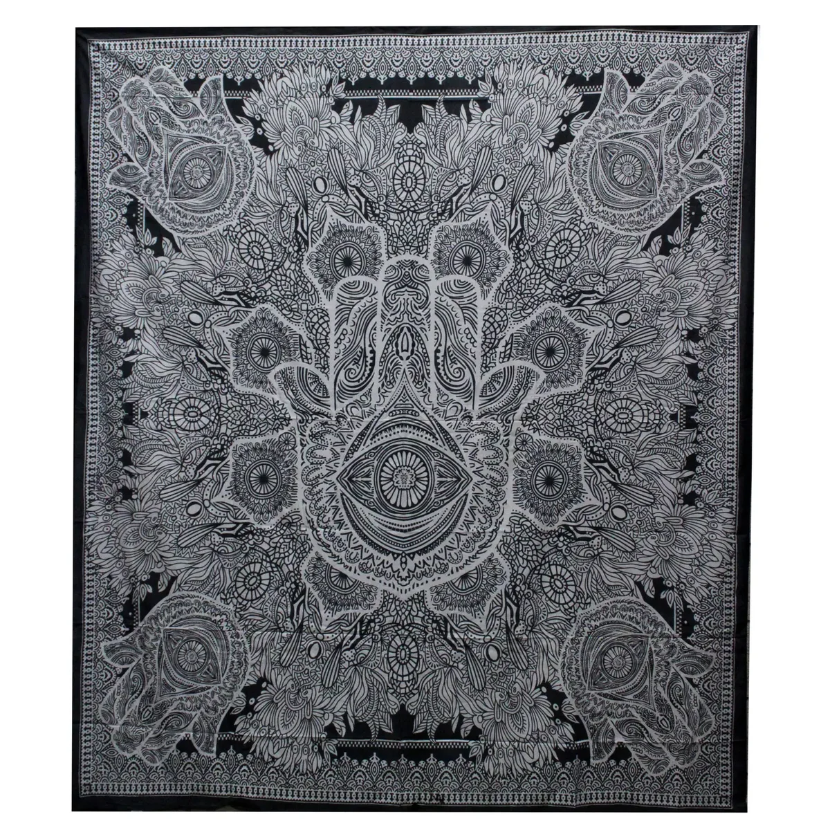 Black and white B&W double bedspread cotton with matching wall hanging featuring a Hamsa motif