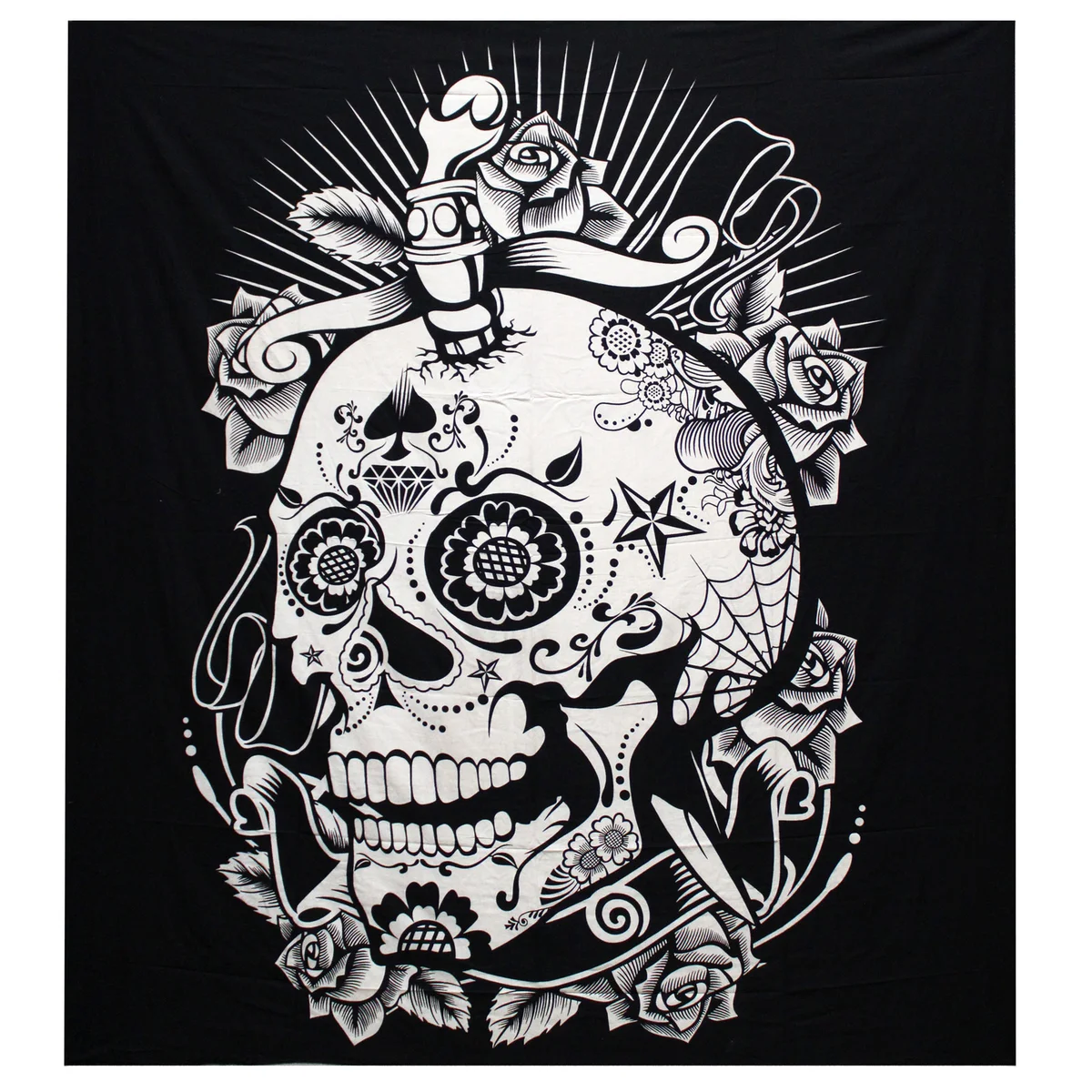 Rose skull bedspread in black and white cotton with matching wall hanging.