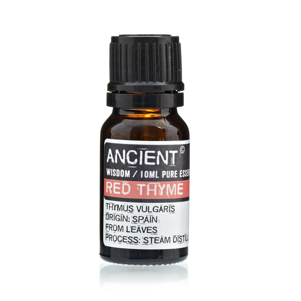 Red Thyme herbal essential oil in a clear glass bottle, 10 ml label.