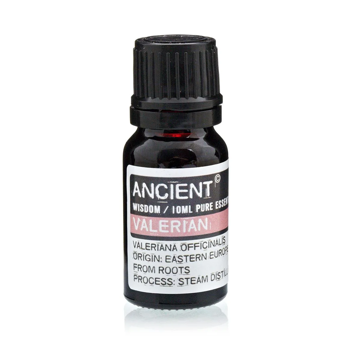 Clear glass bottle of 10ml Valerian essential oil with simple label.