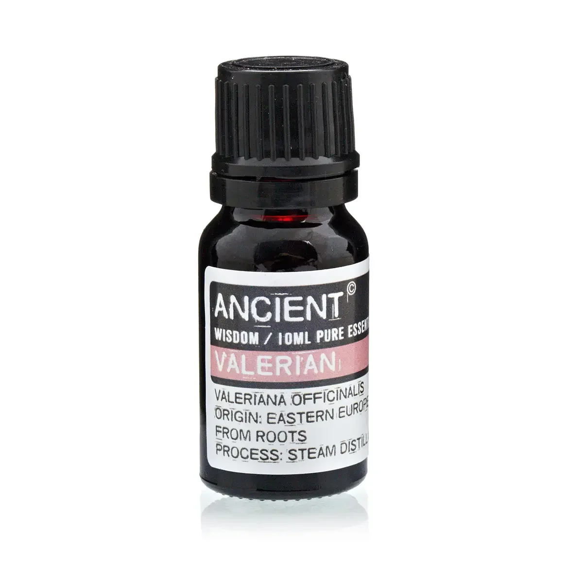 10ml amber glass bottle of Valerian natural essential oil with clear label.