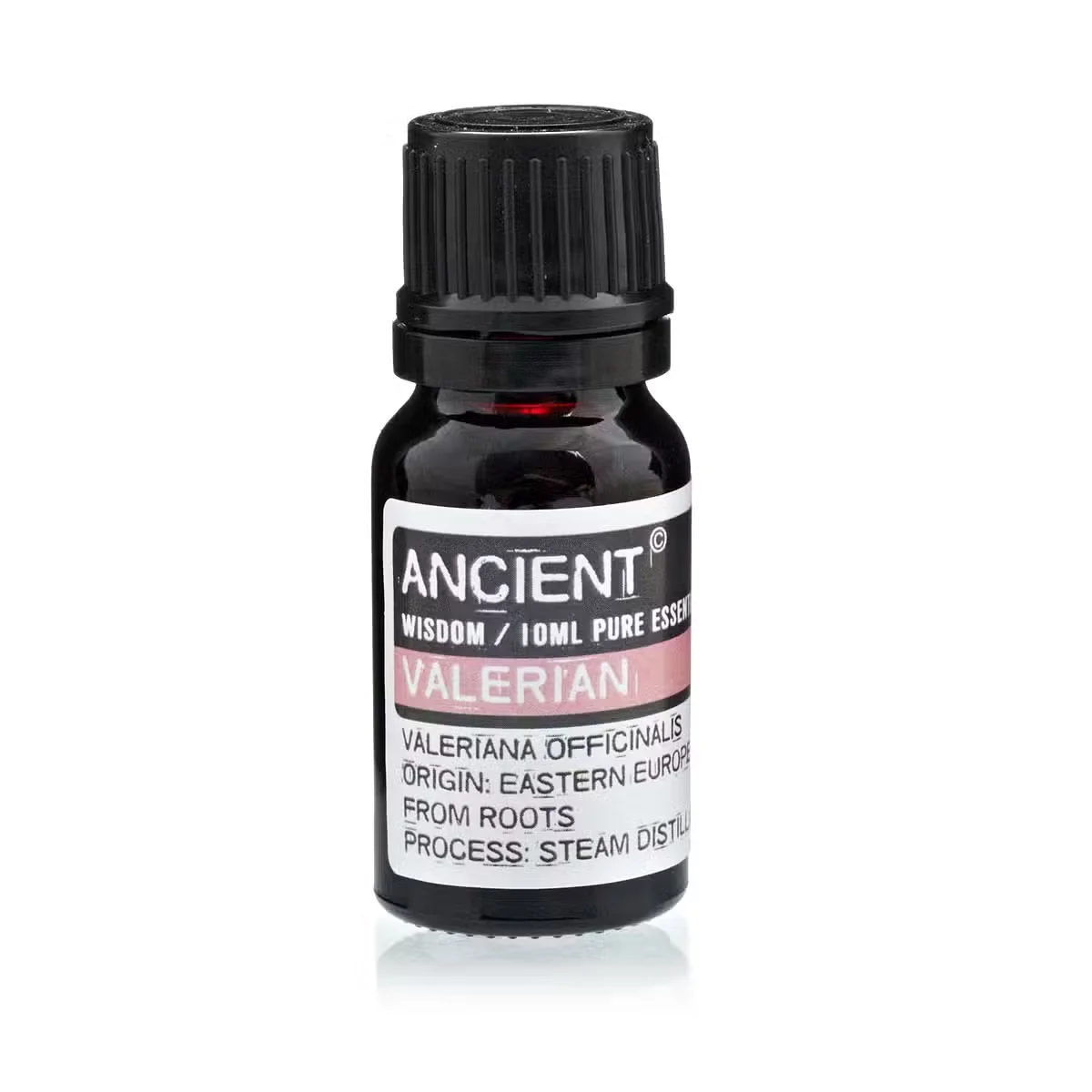 10ml clear glass bottle with green label contains valerian aromatherapy oil.