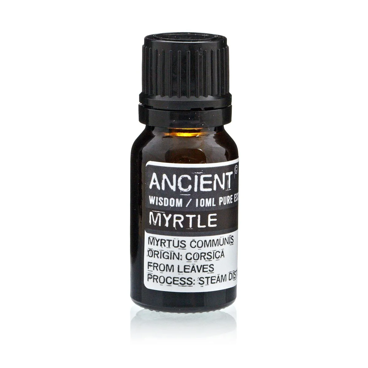 Clear glass bottle with yellow label and black cap, labeled “myrtle essential oil” 10ml.