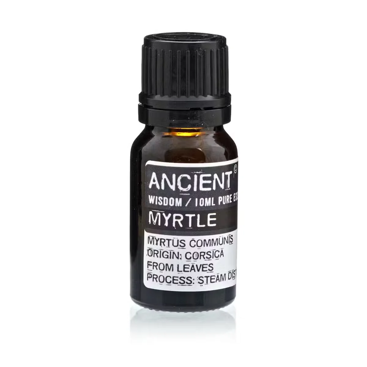 Clear glass bottle with dropper, labeled Myrtle Essential Oil, 10ml aromatherapy oil