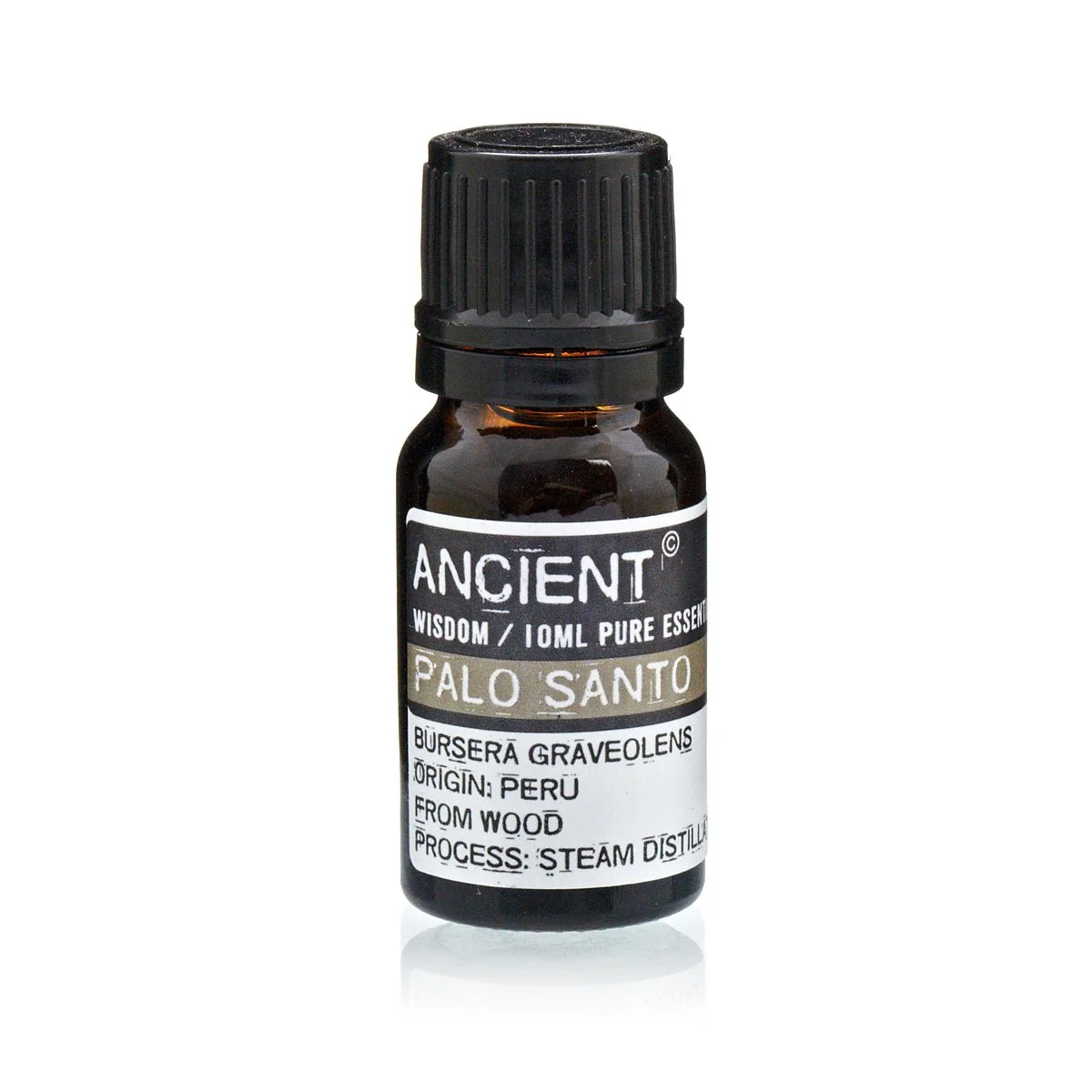 Glass bottle of Palo Santo essential oil 10ml with black cap and label.
