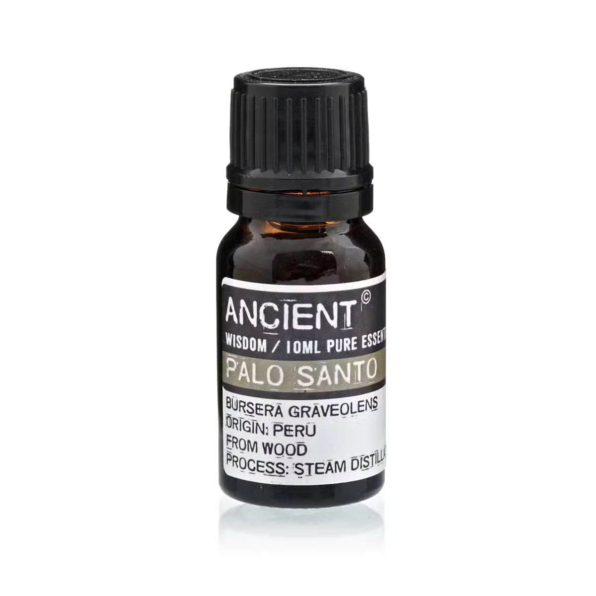 Palo Santo 10ml essential oil in a clear glass bottle with a dark brown cap.