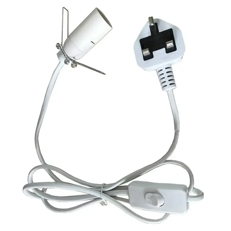 White UK fitting cable coiled neatly on a white background, showing connectors and cable length details