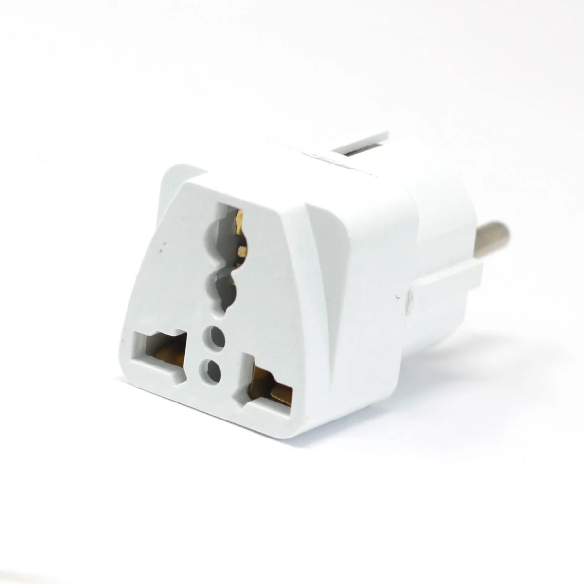 UK to EU plug adaptor showing UK three-pin plug and EU two-pin socket on white background