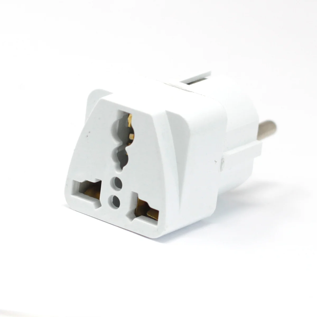UK travel plug adaptor showing UK plug side and EU socket side for electrical connection compatibility