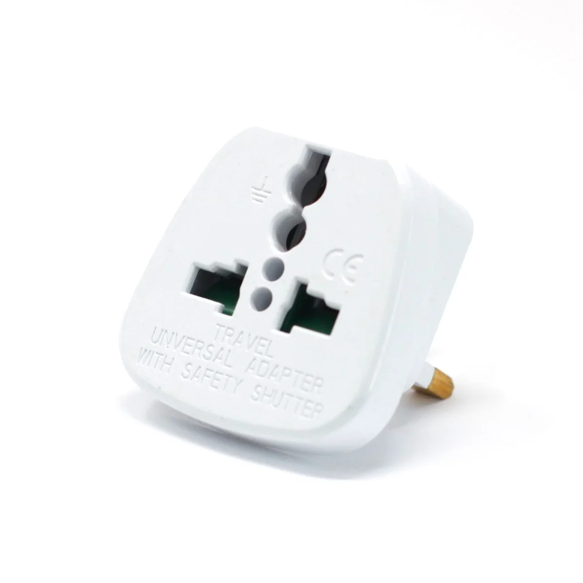 Compact white EU to UK plug adaptor showing UK three-pin socket and EU two-pin plug side view