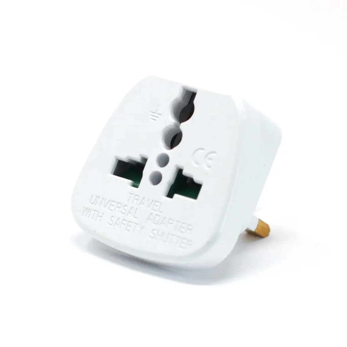 Compact EU to UK plug adaptor with three rectangular pins for connecting European plugs to UK sockets