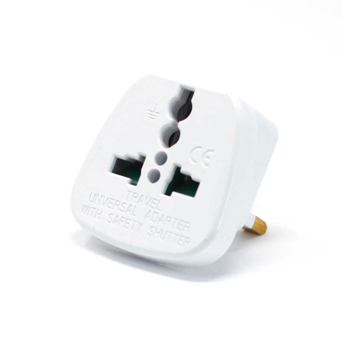 White EU plug converter with three rectangular prongs designed for UK sockets shown against a plain background