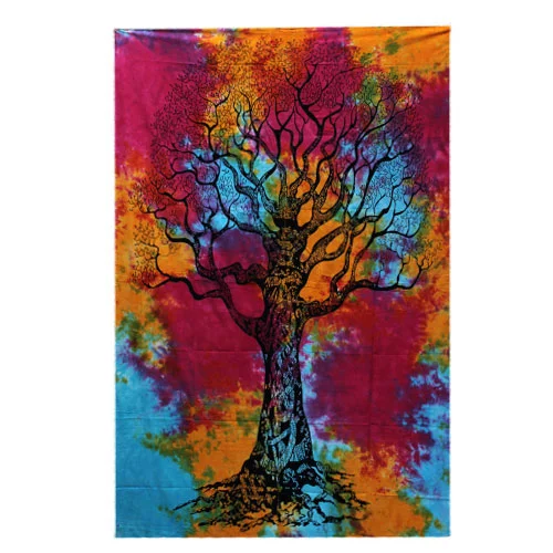 Cotton bedspread wall hanging with a winter tree motif displayed together on a plain background.
