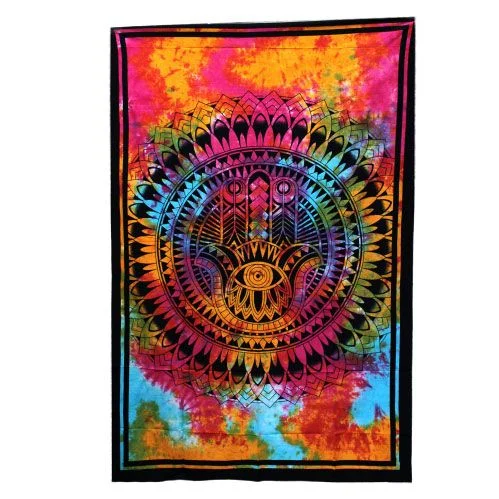 Cotton bedspread and matching wall hanging featuring a Hamsa design, displayed together.