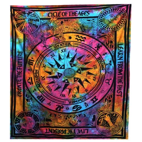 Cotton double bedspread and matching wall hanging displayed together, Circle of Ages.