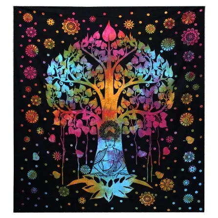 Single bedspread and matching Bodhi Tree wall hanging displayed together on a white background.