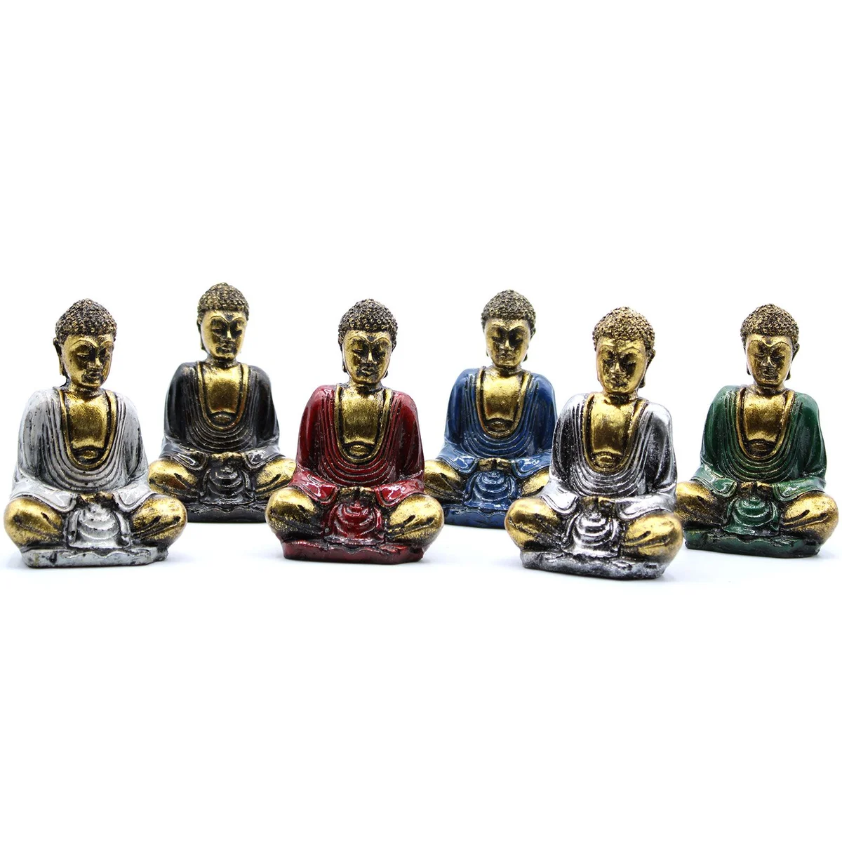 Gold mini buddha figurine in assorted colours with a shiny gold finish on a white background