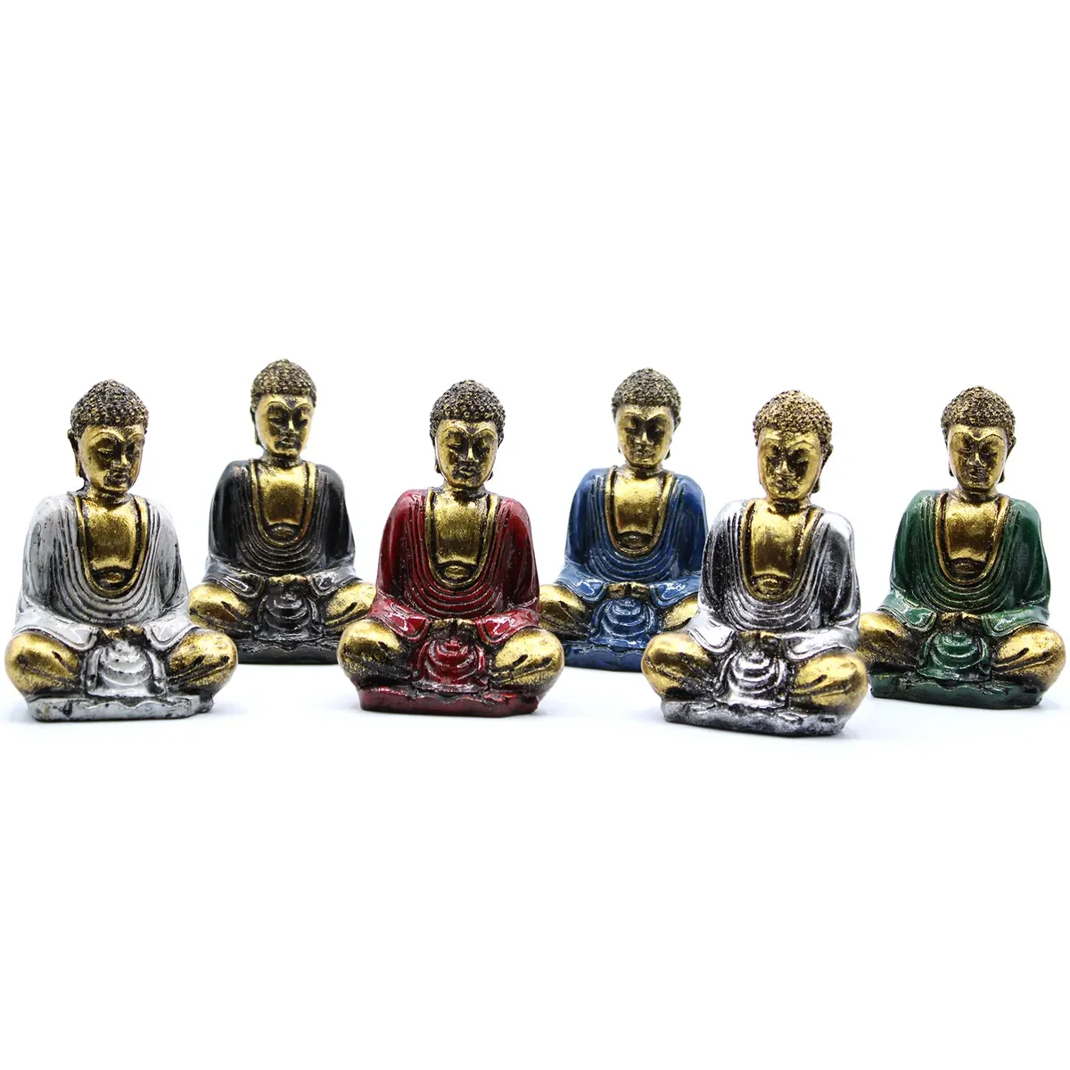 Assorted coloured gold mini buddha statue with detailed features, small decorative figurine for home or office display