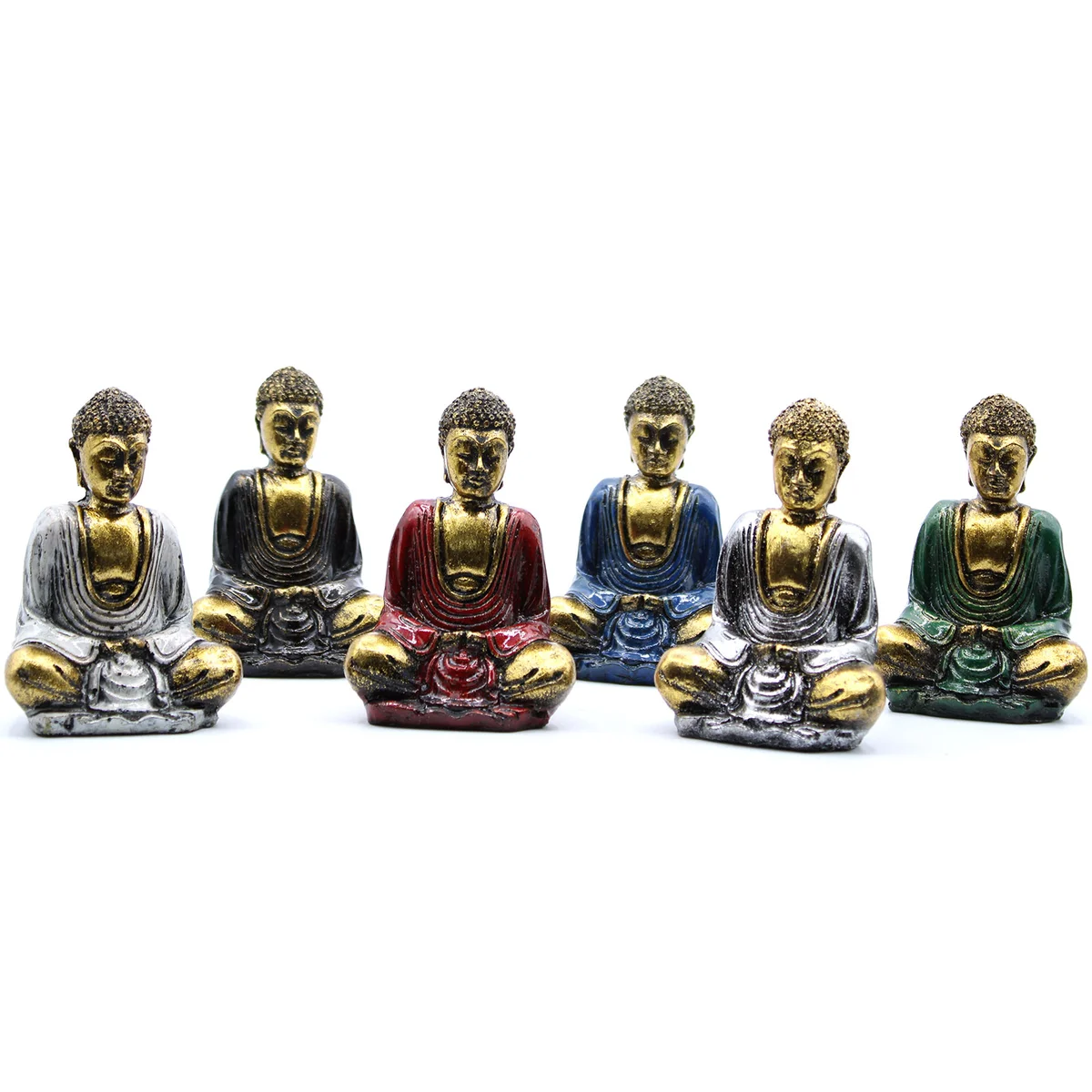 Gold mini Buddha ornament in assorted colours including gold, displayed on a white background