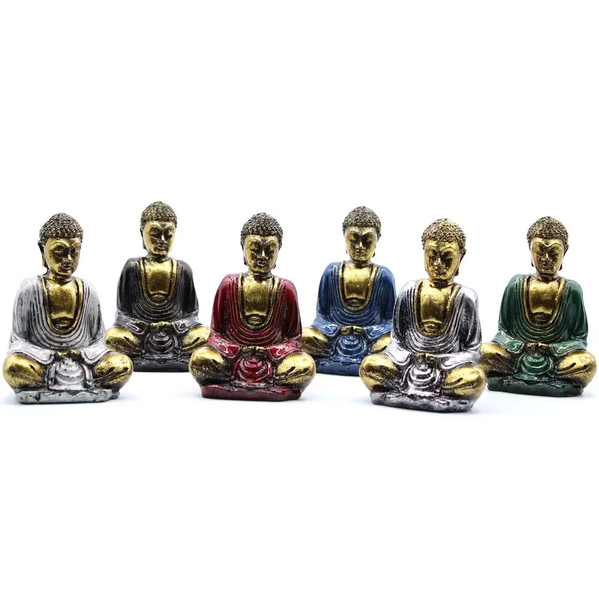Gold mini Buddha figurine in assorted colour Buddha designs displayed on a white background
