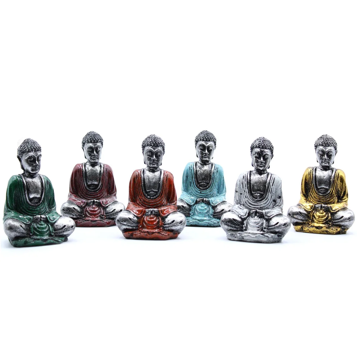 Silver mini buddha figurine in assorted colours with a shiny silver finish on a white background