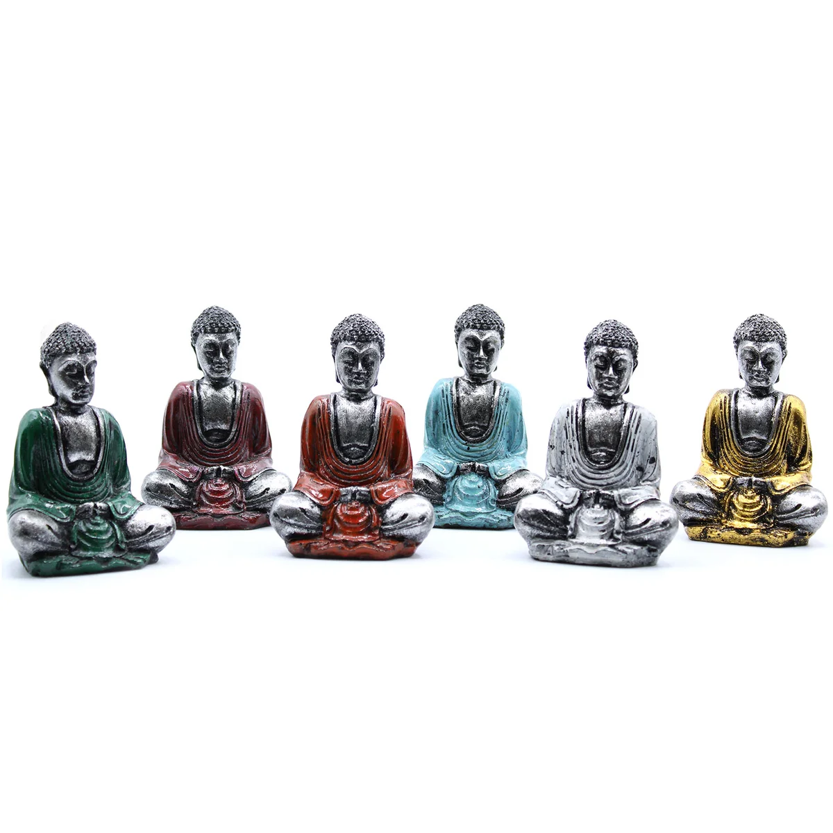 Small silver mini Buddha ornament in assorted colours displayed on a white background