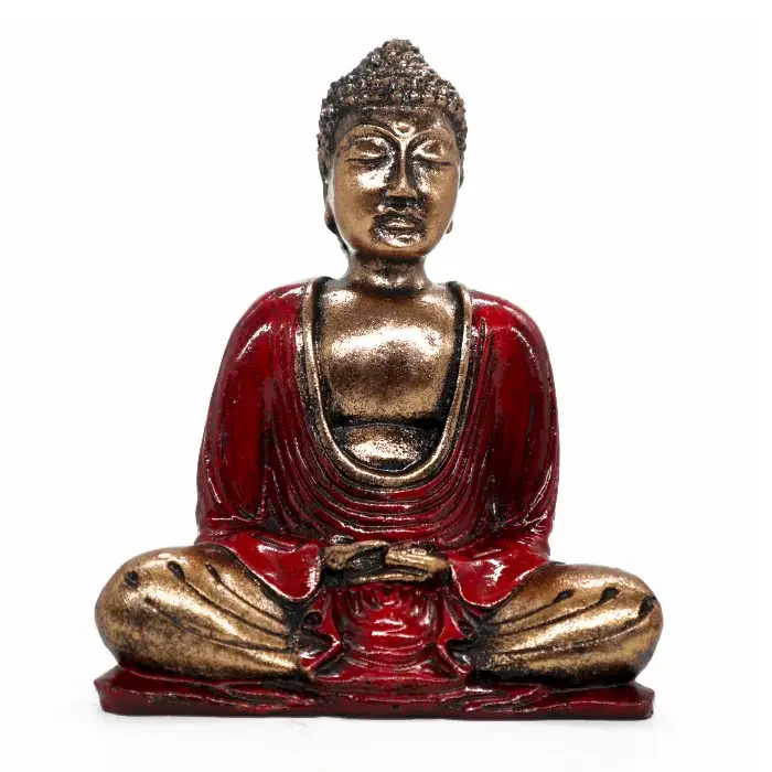 Medium buddha figurine in red and gold colors, depicting a seated Buddha with intricate details.