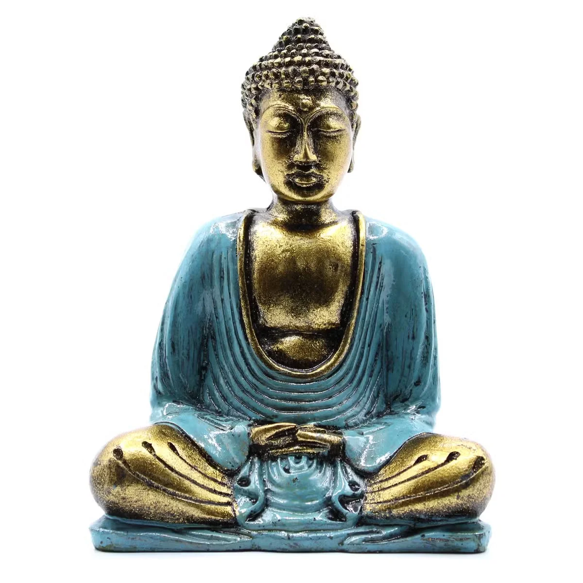 Medium Buddha statue in teal and gold decor, featuring a teal body with gold accents.