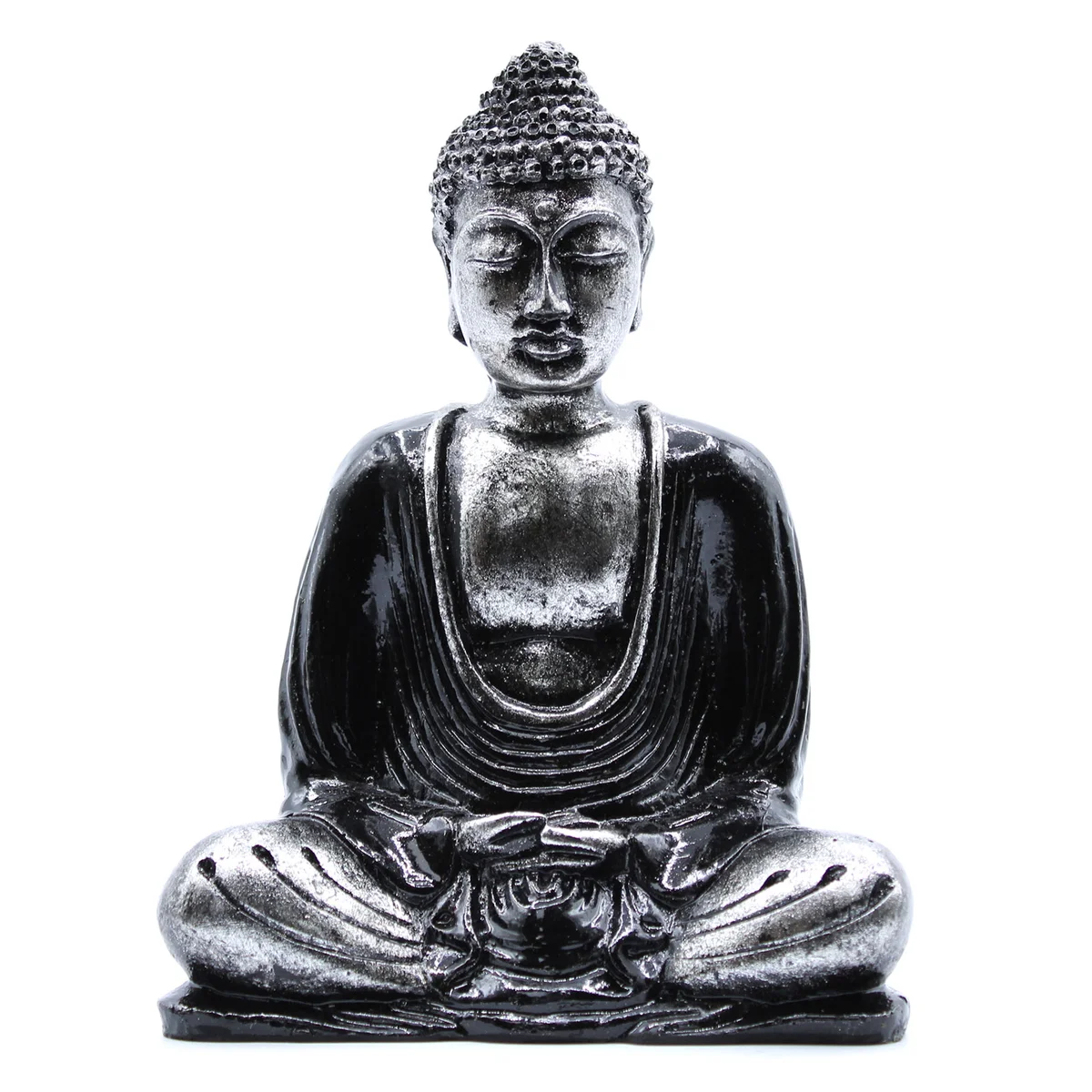 Black and grey Buddha statue, medium size, stylish decor piece.