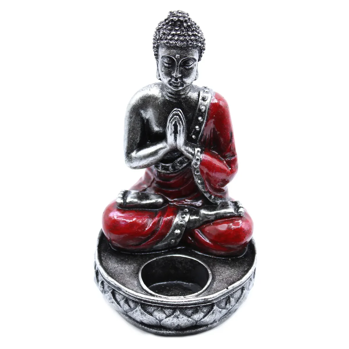 Medium-sized red Buddha candle holder, depicting a seated Buddha holding a candle.