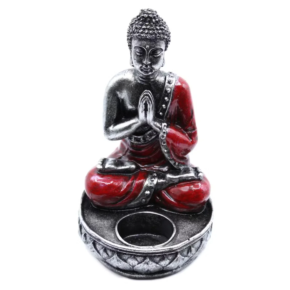 Red Buddha decorative candle holder in medium size displayed on wood surface