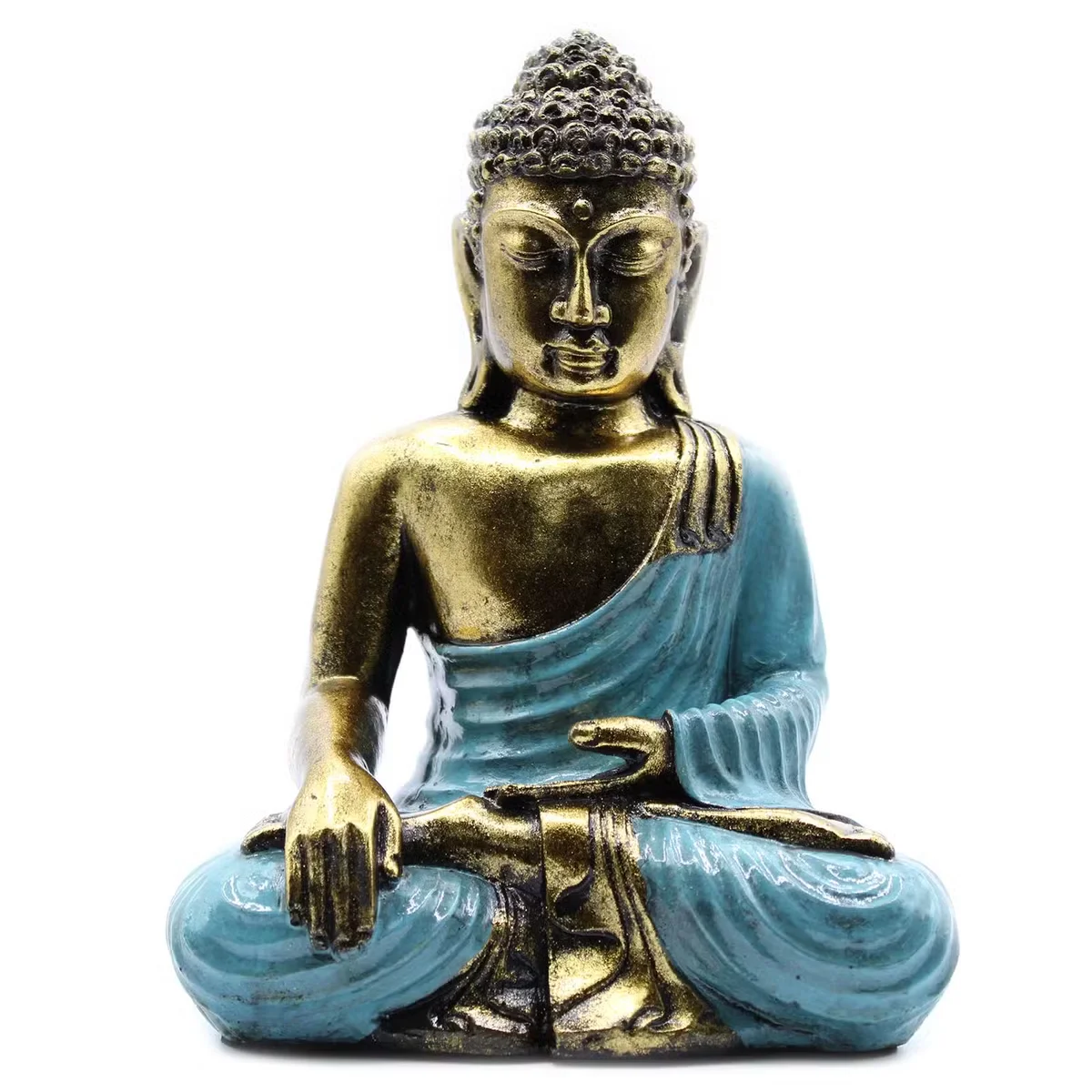Large Buddha statue in teal and gold