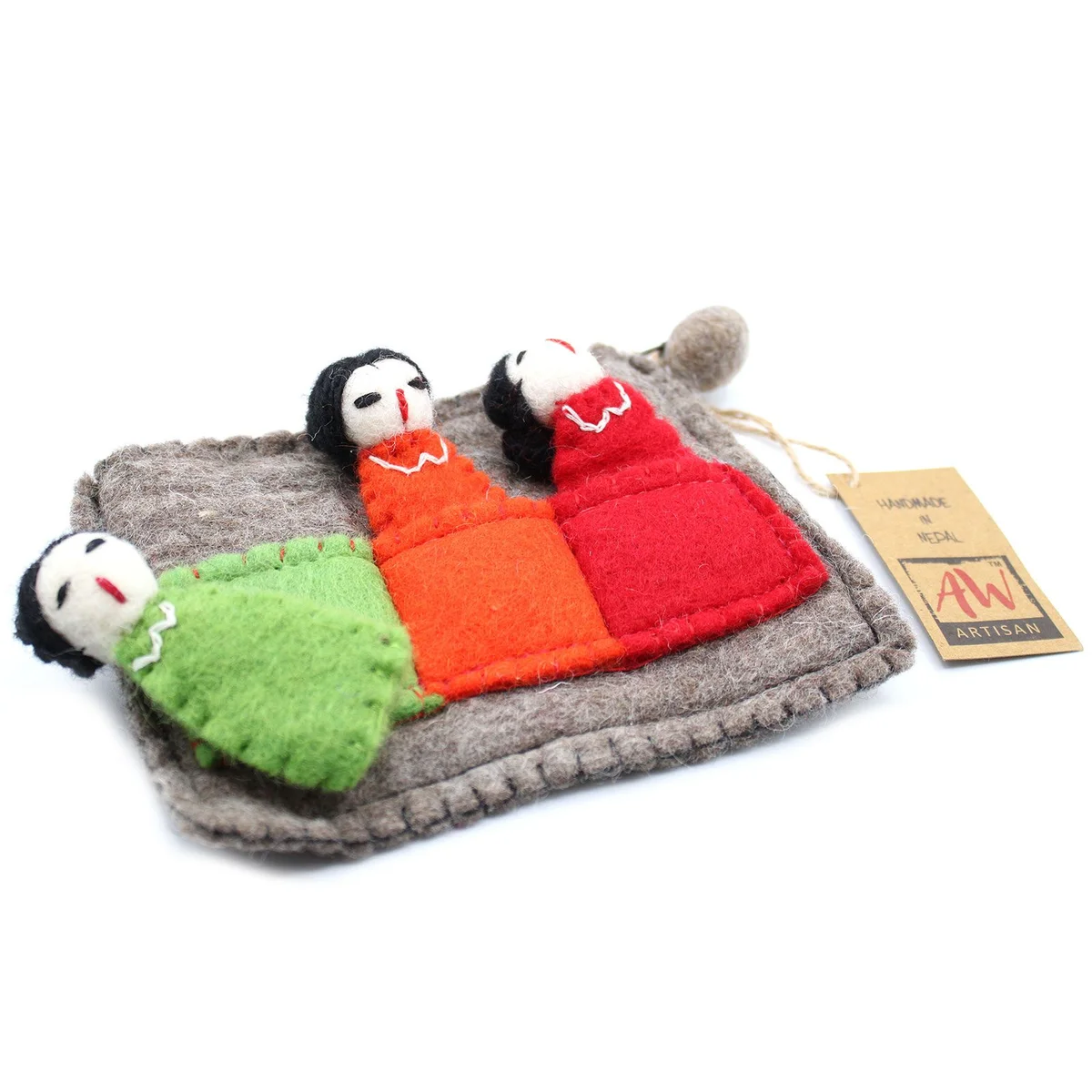 Pouch with finger puppets displays colourful toy fingers inside a soft fabric case.