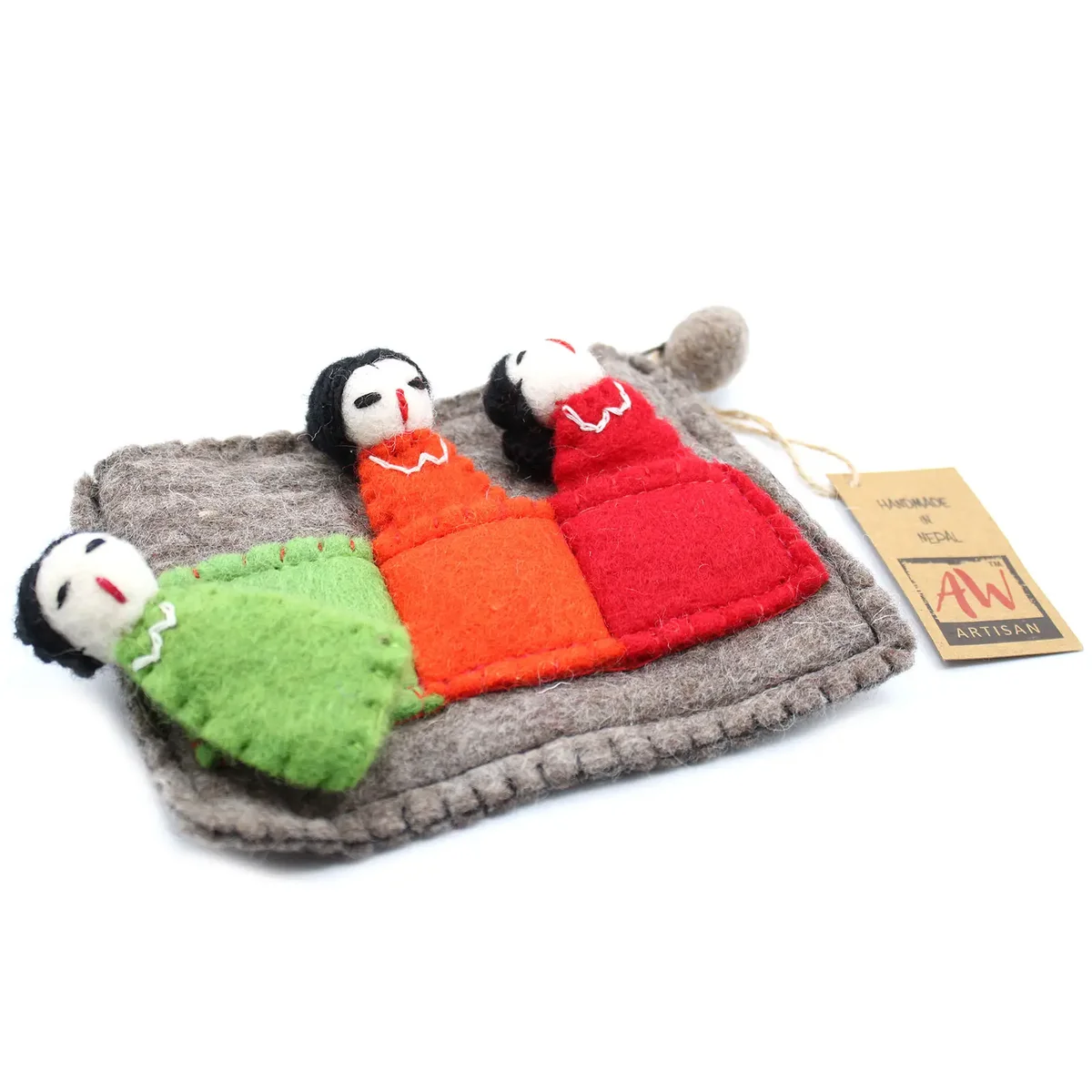 Pouch holding a set of finger puppets, themed as friends