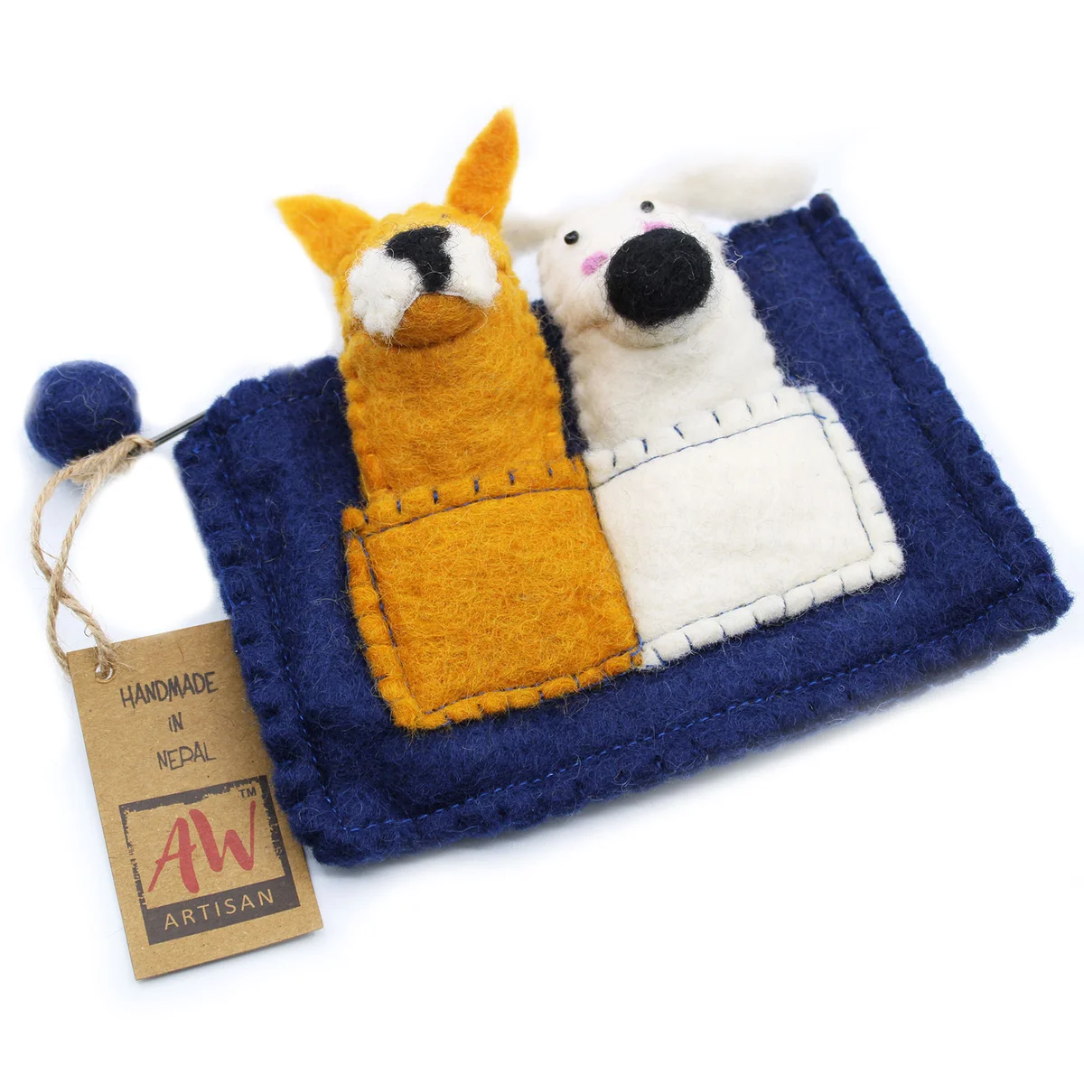 Pouch holding adorable puppy finger puppets, perfect for children's role play toys