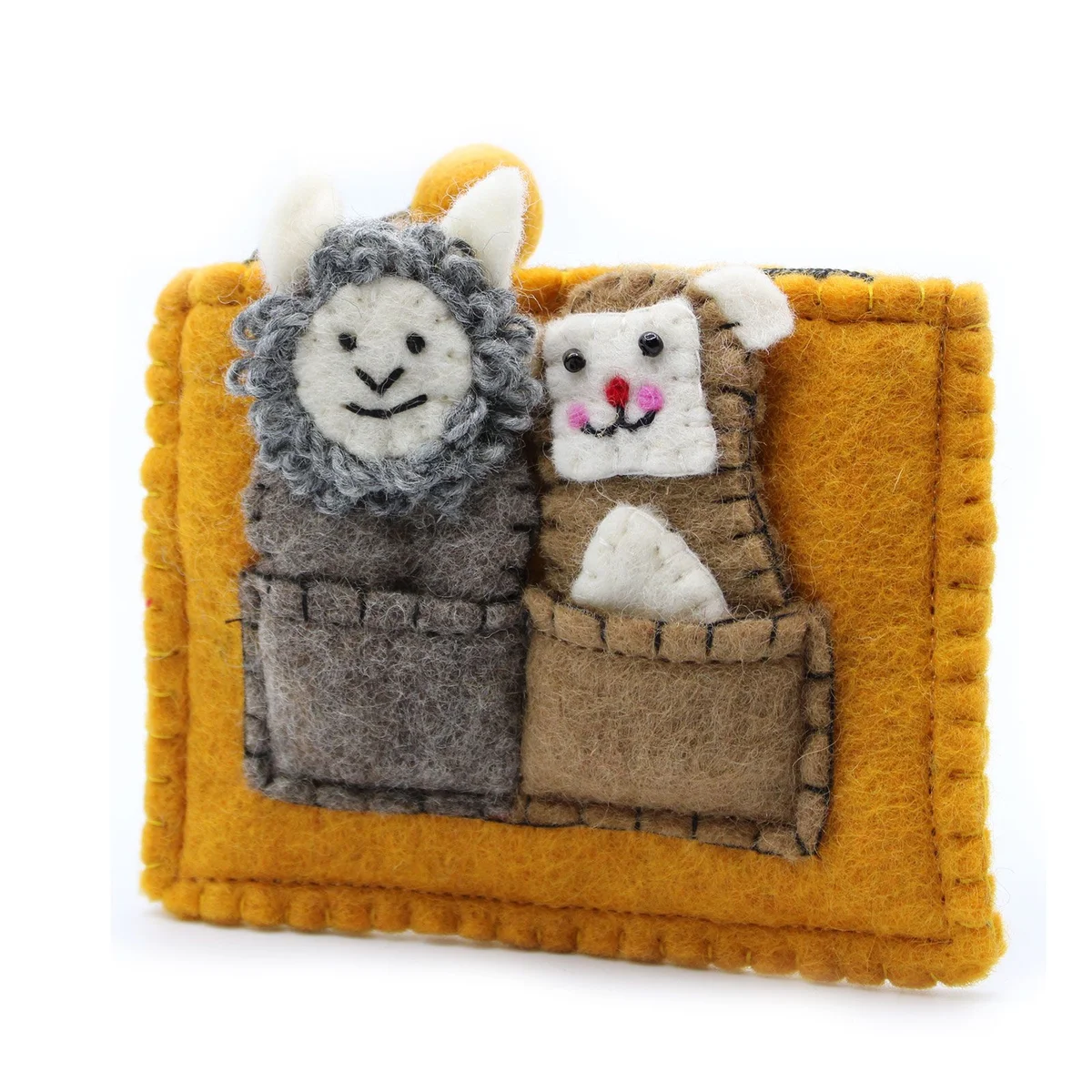 Finger puppets pouch with stuffed bear and sheep puppets folded inside, soft fabric case visible.