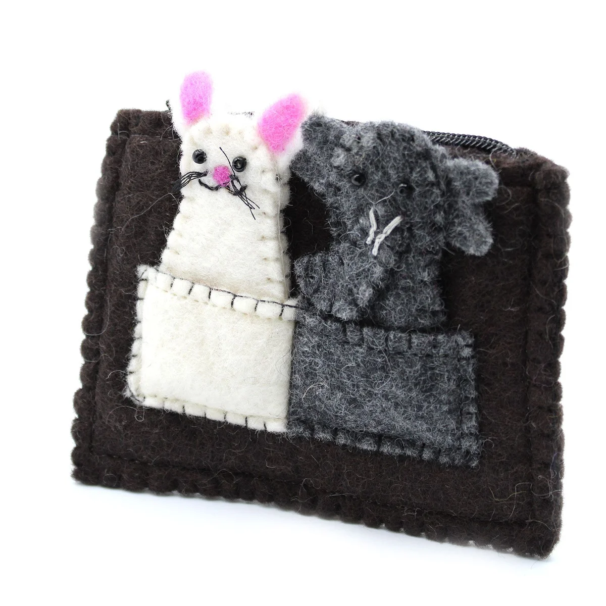 Open pouch showing elephant and mouse finger puppets in soft fabric carrying set