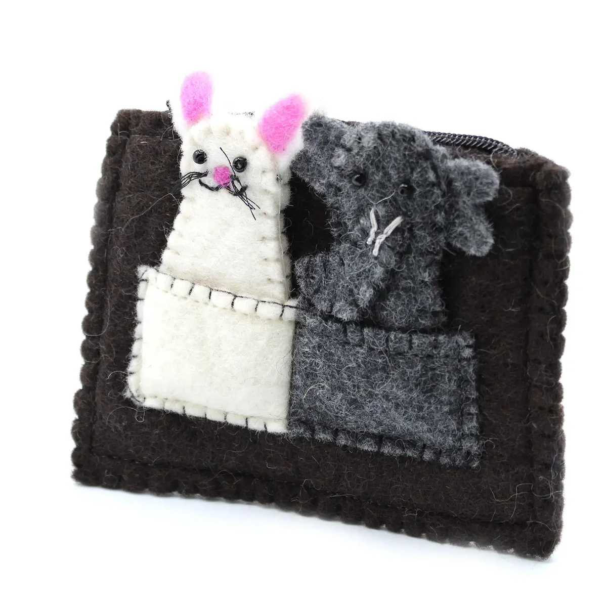 Pouch with elephant and mouse finger puppets.