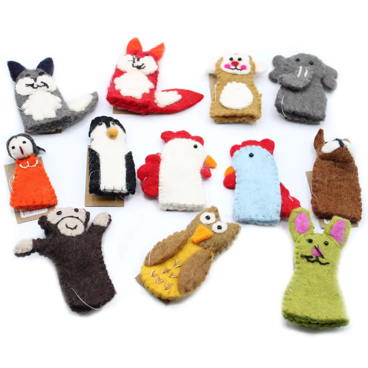 Brightly coloured assorted finger puppets made of felt, displayed in a playful arrangement.