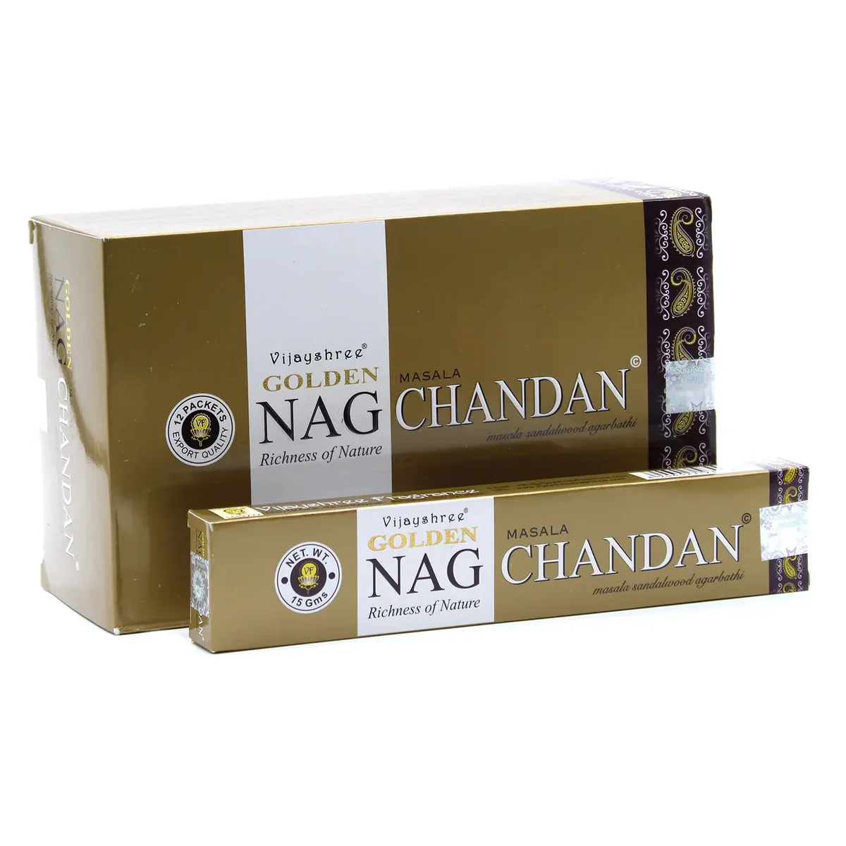 15g bundle of golden Nag chandan incense sticks displayed on a flat white background.