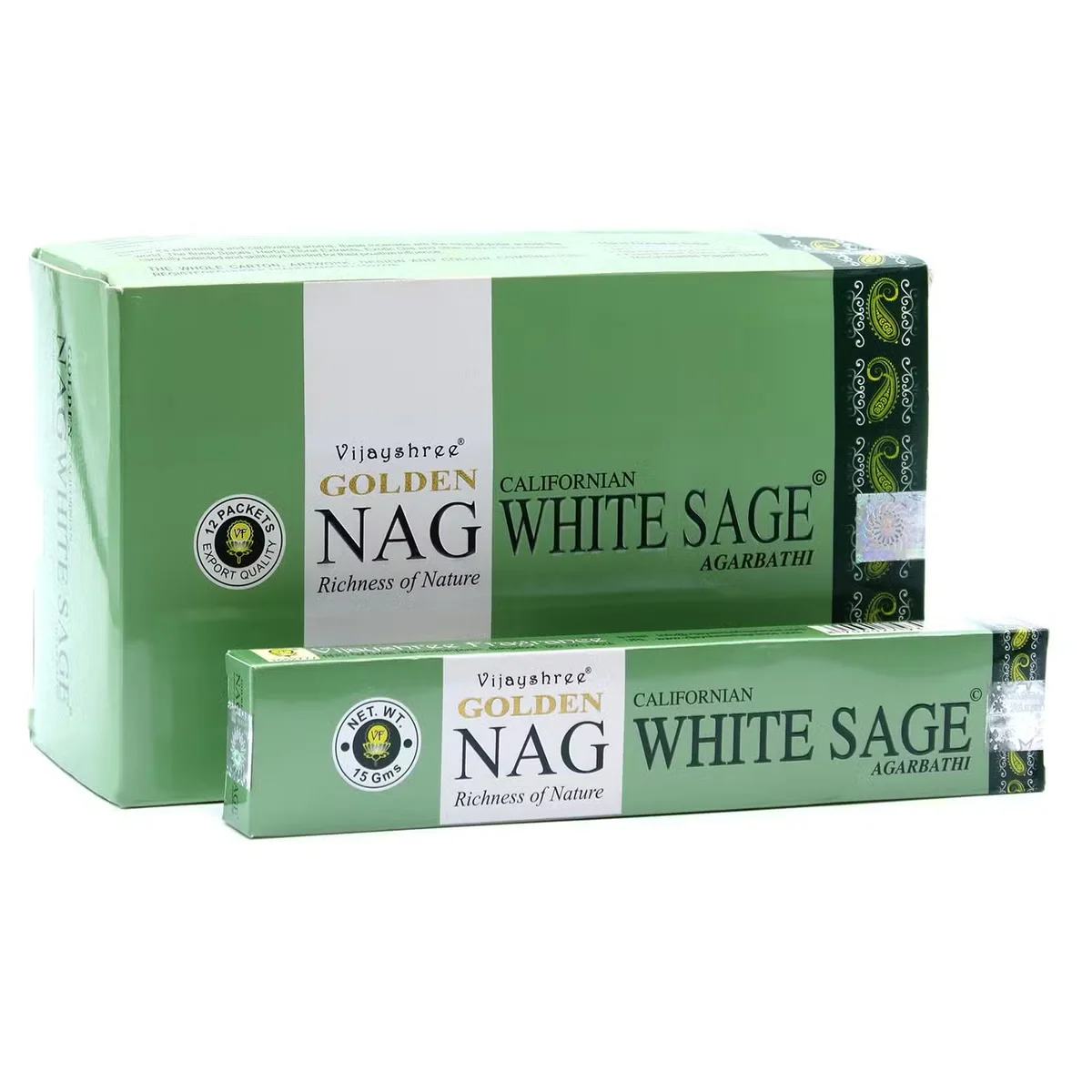 Golden Nag 15g white sage incense sticks displayed in sleek packaging