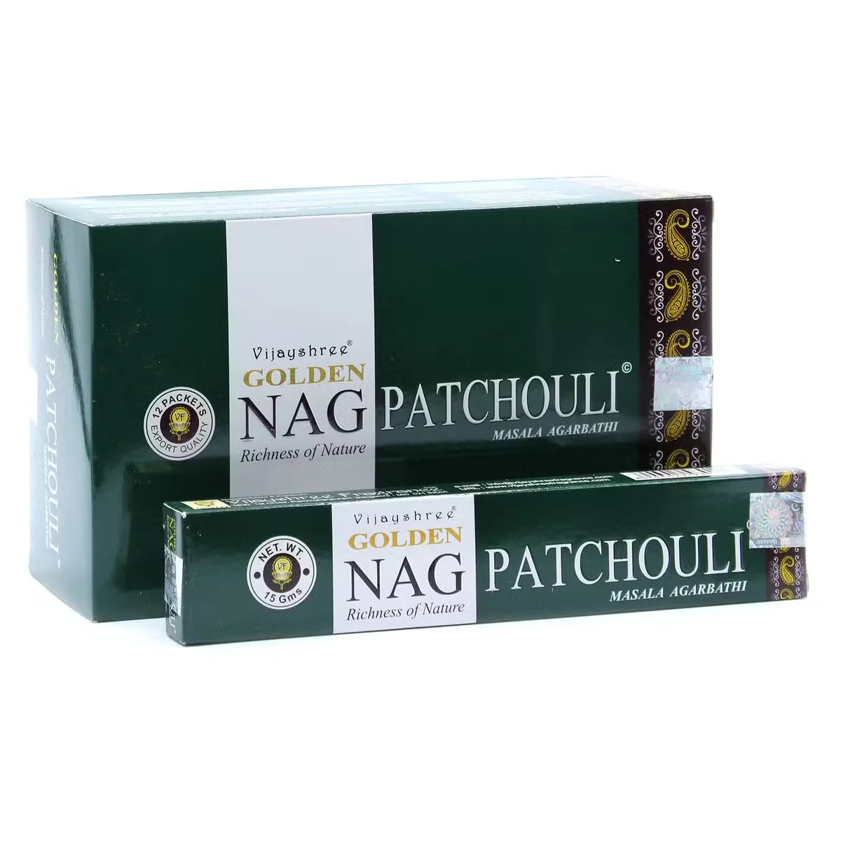 Bundle of 15g Golden Nag Patchouli aromatic incense sticks with packaging on a white background